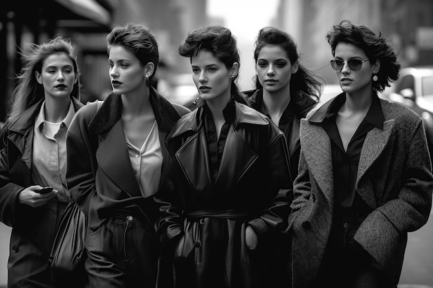 Grupa modelek w modnych ubraniach w stylu retro lat 90. na ulicy miasta Moda vintage Generative AI