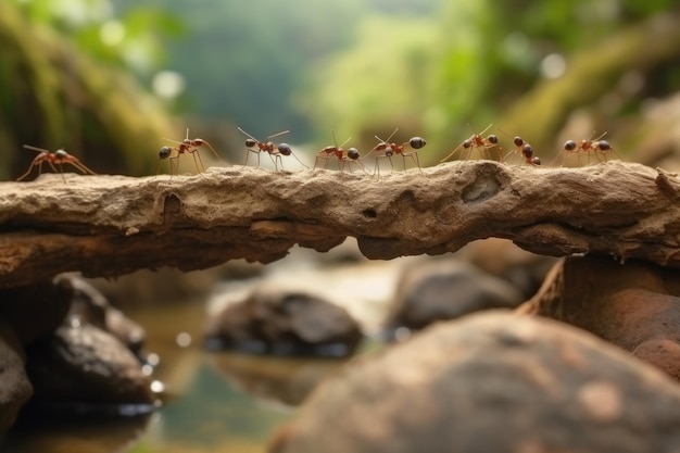 Grupa mrówek w dzienniku z rozmytym tłem Generative AI