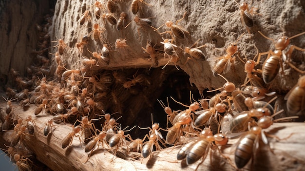 Grupa mrówek wypływa z dziury na drzewie