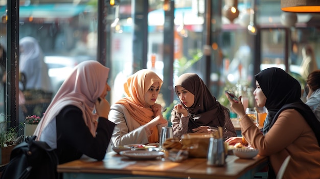 Grupa muzułmańskich kobiet rozmawiających w kawiarni wygenerowana przez sztuczną inteligencję