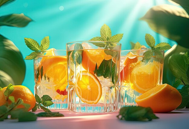 grupa napojów z lemonami i pomarańczami na szklance