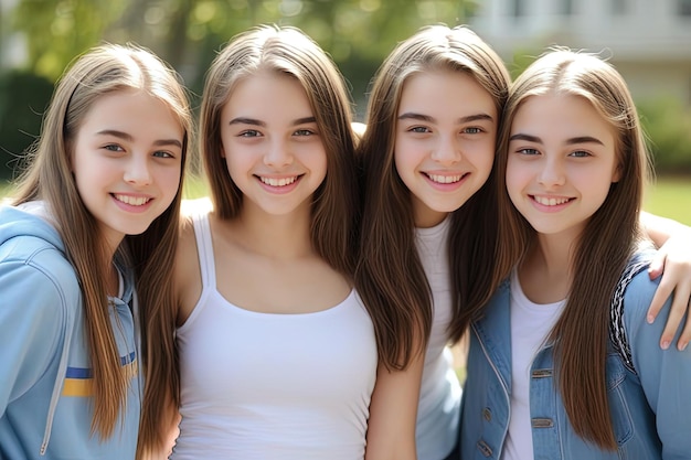 Zdjęcie grupa nastolatek z college'u grupa uśmiechniętych dziewcząt z college'u