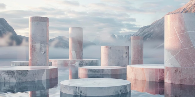 Grupa niskich białych marmurowych cylindrycznych budek Futuristyczna architektura przy jeziorze