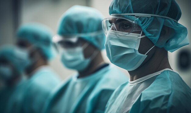 Grupa nowoczesnych lekarzy stojących jako zespół w gabinecie szpitalnym