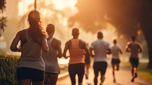 Grupa osób biorących udział w zdrowej dla serca aktywności na świeżym powietrzu, takiej jak jogging, AI Generated