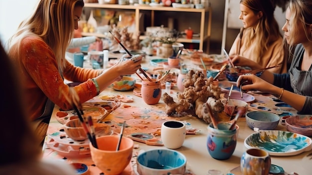 Grupa osób malujących glinę Hobby aktywność w pomieszczeniu malowanie akwareli Zamknij ręce