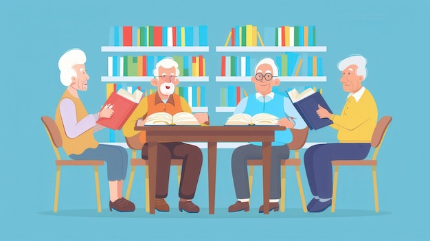Grupa osób starszych studiuje razem języki obce za pomocą podręczników i słowników w ciepłym, przyjemnym środowisku biblioteki Generatywna sztuczna inteligencja