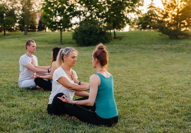 Grupa osób wykonuje parowane ćwiczenia jogi w parku podczas zachodu słońca. Zdrowy styl życia, medytacja i dobre samopoczucie.
