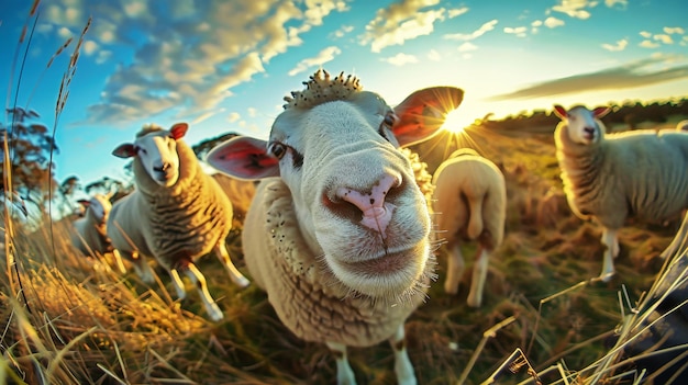 Grupa owiec stojących razem na szczycie pola pokrytego bujną zieloną trawą
