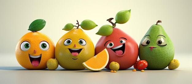 Grupa owoców z namalowanymi twarzami