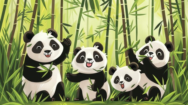 Grupa pand bawiących się w lesie bambusowym, ich puszysty futro przedstawione w żywych kolorach, ilustracja wygenerowana przez sztuczną inteligencję