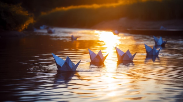 Grupa papierowych łodzi unoszących się na jeziorze obok zachodu słońca Generacyjna sztuczna inteligencja