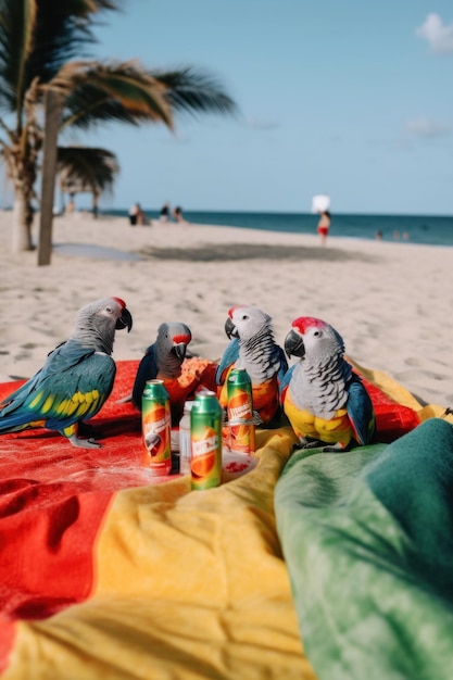 Grupa papug siedzących na kocu na plaży Obraz Generative AI