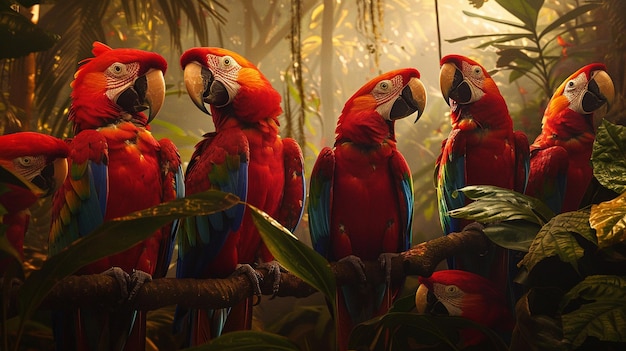 Grupa papug stoi w lesie.