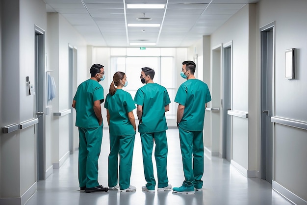 Grupa personelu medycznego dyskutująca na korytarzu kliniki Specjaliści ds. Opieki zdrowotnej dyskutują w korydorze szpitala