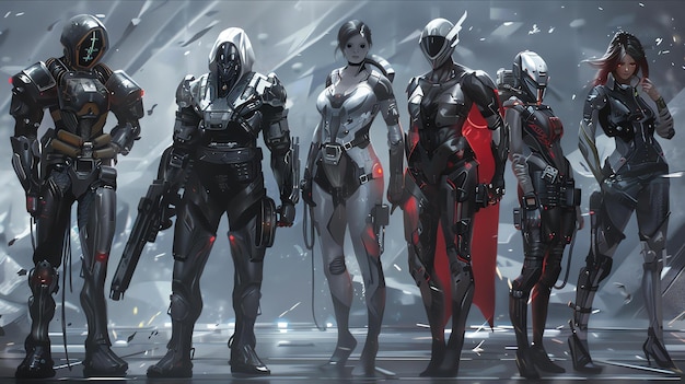 Zdjęcie grupa pięciu osób w futurystycznych zbrojach. wszyscy są uzbrojeni w broń i wyglądają na gotowych do bitwy.