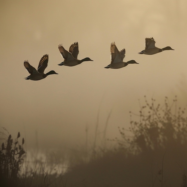 Zdjęcie grupa pięciu północnych pintailów lata przez mgłę w ridgefield national wildlife refuge