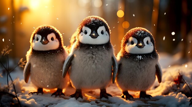 Grupa pingwinów cieszy się śnieżną świąteczną krainą cudów w dzień Bożego Narodzenia