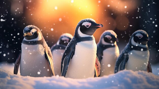 Grupa pingwinów na śniegu Piękny pingwin