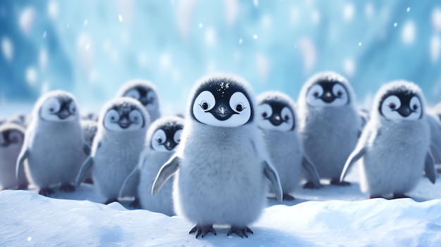 Grupa pingwinów stojących w śniegu.