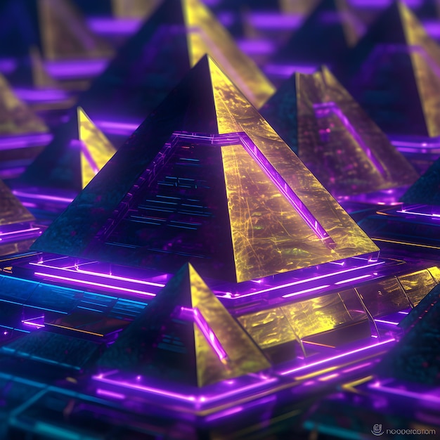 Grupa piramid z neonowymi światłami.