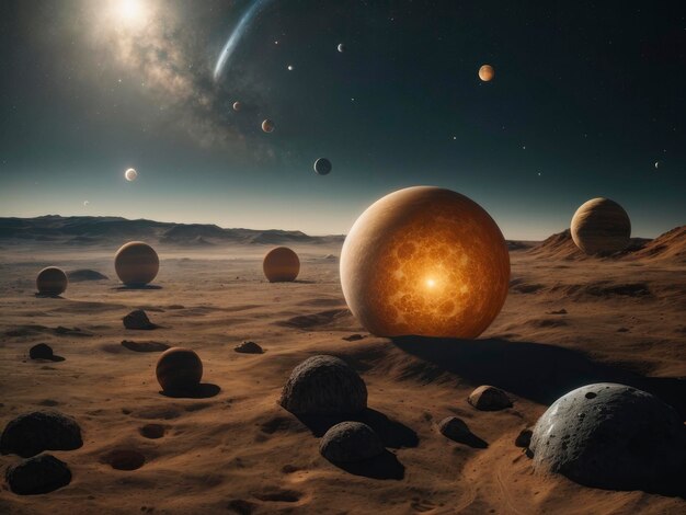 grupa planet na pustyni otoczona skałami i piaskiem