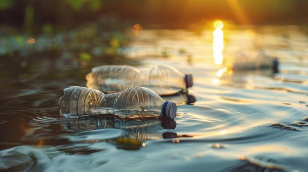 Grupa plastikowych butelek pływających na wodzie