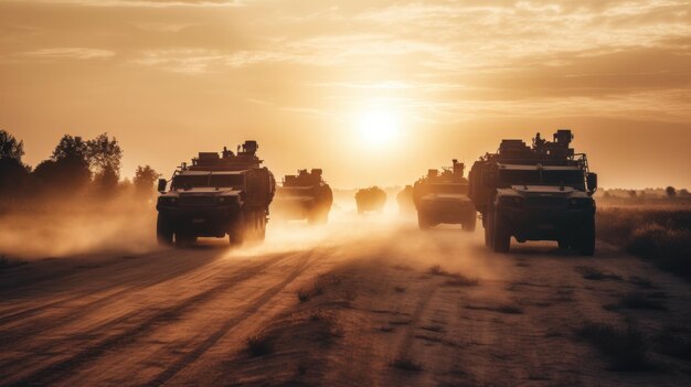 Grupa pojazdów opancerzonych jedzie zakurzoną drogą, a za nimi zachodzi słońce.