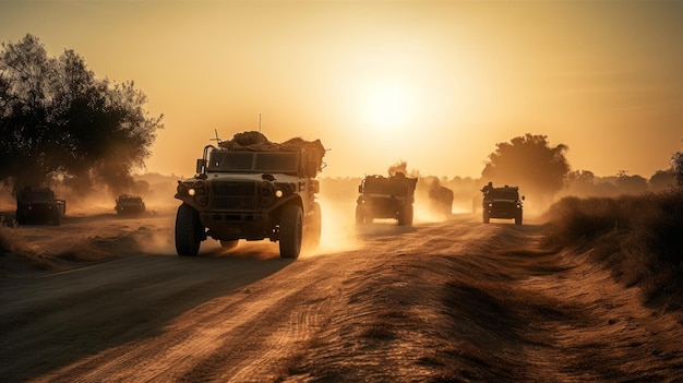 Grupa pojazdów wojskowych jedzie zakurzoną drogą wygenerowaną przez Al