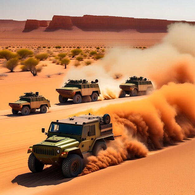 Grupa pojazdów wojskowych jedzie zakurzoną drogą