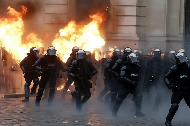 Grupa policjantów biegnie po mieście, w którym trwają zamieszki, pożary i zniszczenia wokół Generative AI