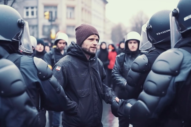 Zdjęcie grupa policjantów zastrasza koniami i psami w demonstracji generowanej przez ai