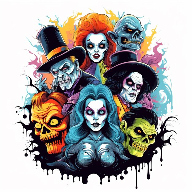 Grupa postaci z halloween z różnymi twarzami i kapeluszami.
