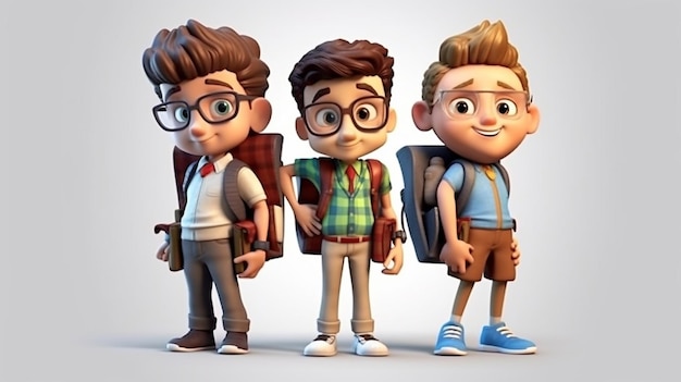 Grupa postaci z kreskówek 3D cute studentów chłopców generatywne AI