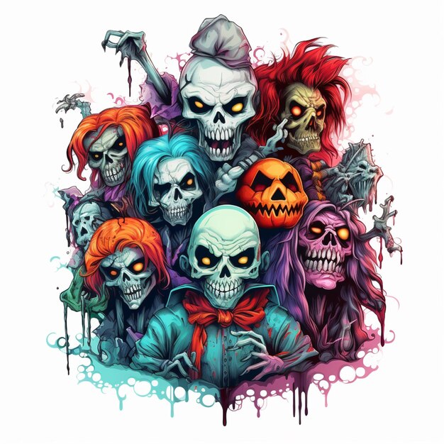 Grupa postaci z kreskówek z makijażem i włosami na Halloween.