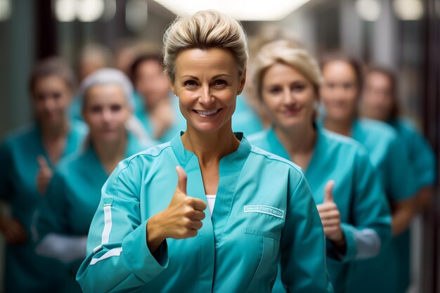 Grupa pracowników medycznych dająca znak kciuka w górę.