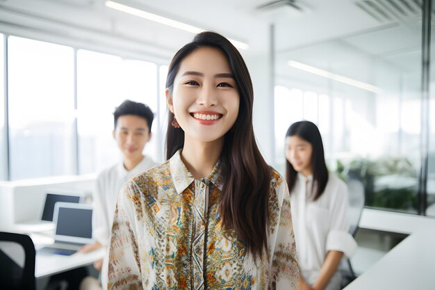 Grupa pracowników noszących tło biurowe z batikowym uśmiechem
