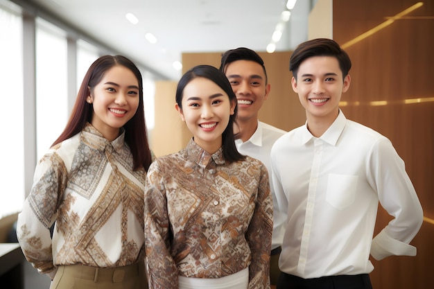 Grupa pracowników zespołu sprzedaży noszących tło biurowe z batikowym uśmiechem
