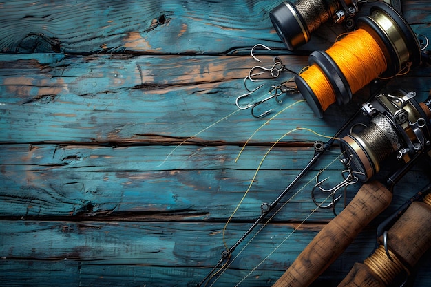Zdjęcie grupa prętów rybackich na drewnianej podłodze generatywna sztuczna inteligencja