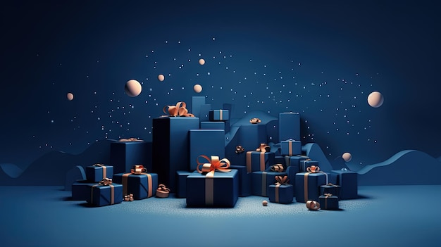 Grupa prezentów świątecznych na niebieskim tle Pudełka ze wstążkami na ferie zimowe Wygenerowana sztuczna inteligencja