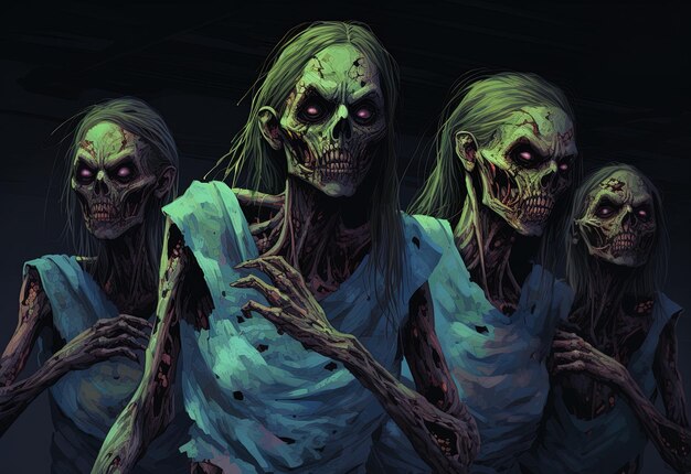 Zdjęcie grupa przerażających zombie w białych sukniach.