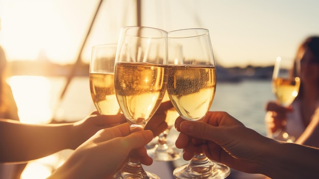 Grupa przyjaciół bawiących się razem i pijących szampana podczas żeglugi po morzu na luksusowym jachcie Koncepcja podróżowania i jachtingu