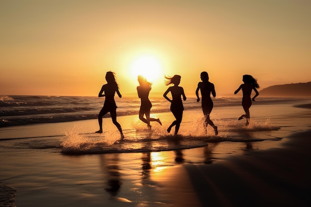 Grupa przyjaciół biegających po plaży o zachodzie słońca Koncepcja zdrowego stylu życia i aktywnego wypoczynku Generacyjna sztuczna inteligencja