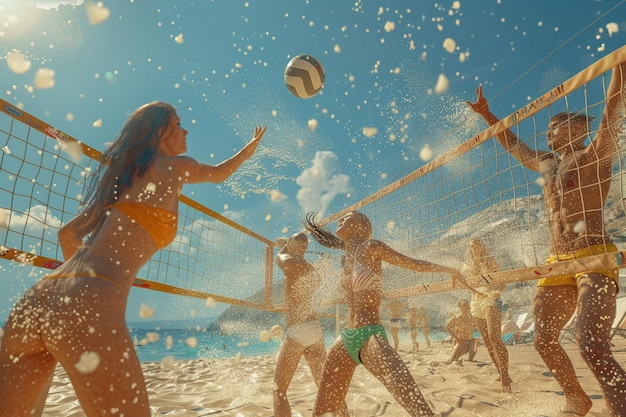 Grupa przyjaciół grających w siatkówkę plażową i havi