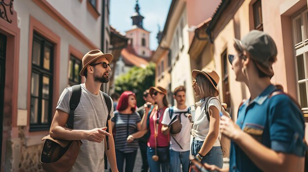 Zdjęcie grupa przyjaciół idących ulicą i rozmawiających wszyscy noszą zwykłe ubrania i noszą plecaki