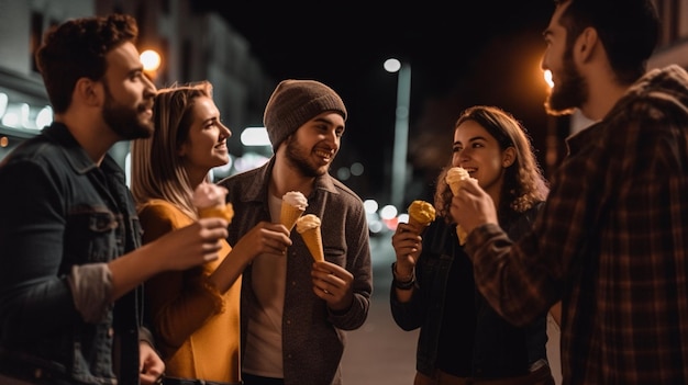 Grupa przyjaciół jedzących lody na ulicy.