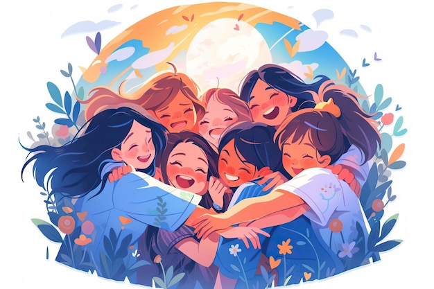 grupa przyjaciół kobiet przytulanie ilustracja styl anime ilustracja kolorowy rysunek
