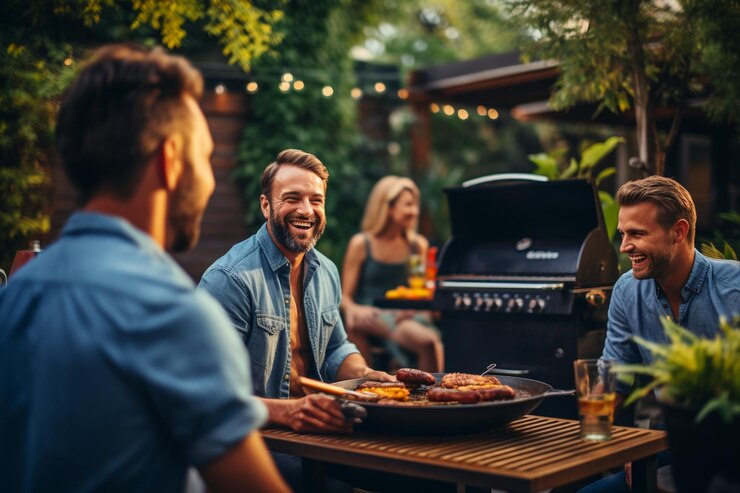Zdjęcie grupa przyjaciół ma imprezę na zewnątrz w ogrodzie i grill w ogrodzie z stekami wołowymi