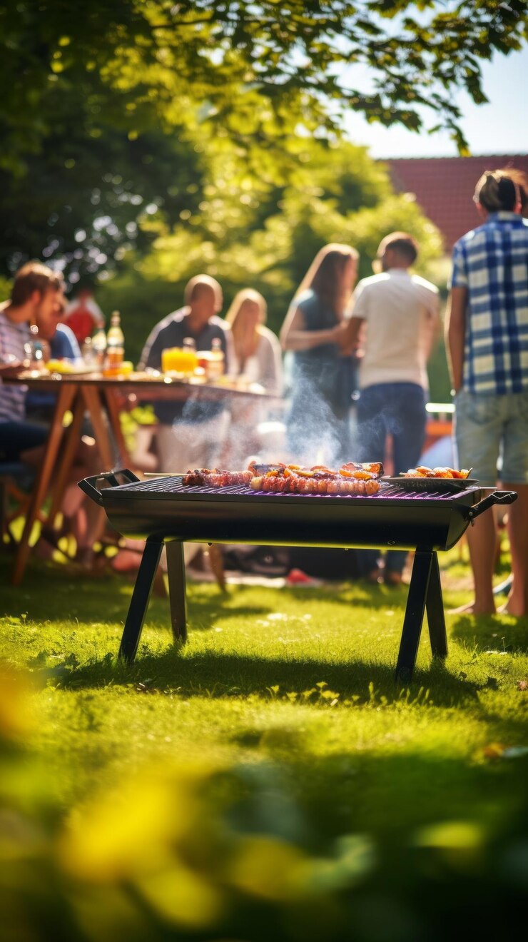 Grupa przyjaciół organizuje imprezę barbecue w ogrodzie Selektywne skupienie