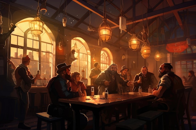 Grupa przyjaciół pijących piwo w pubie w nocy Koncepcja życia nocnego Koncepcja kultury pubów i picia sztuczna inteligencja generowana